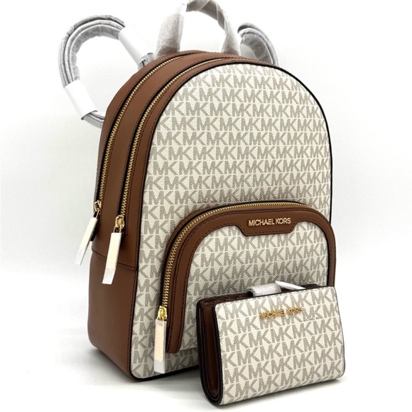Michael Kors Medium Jaycee Zip Pocket Backpack & Bifold Zip Chain Wallet Vanilla - Picture 1 of 15